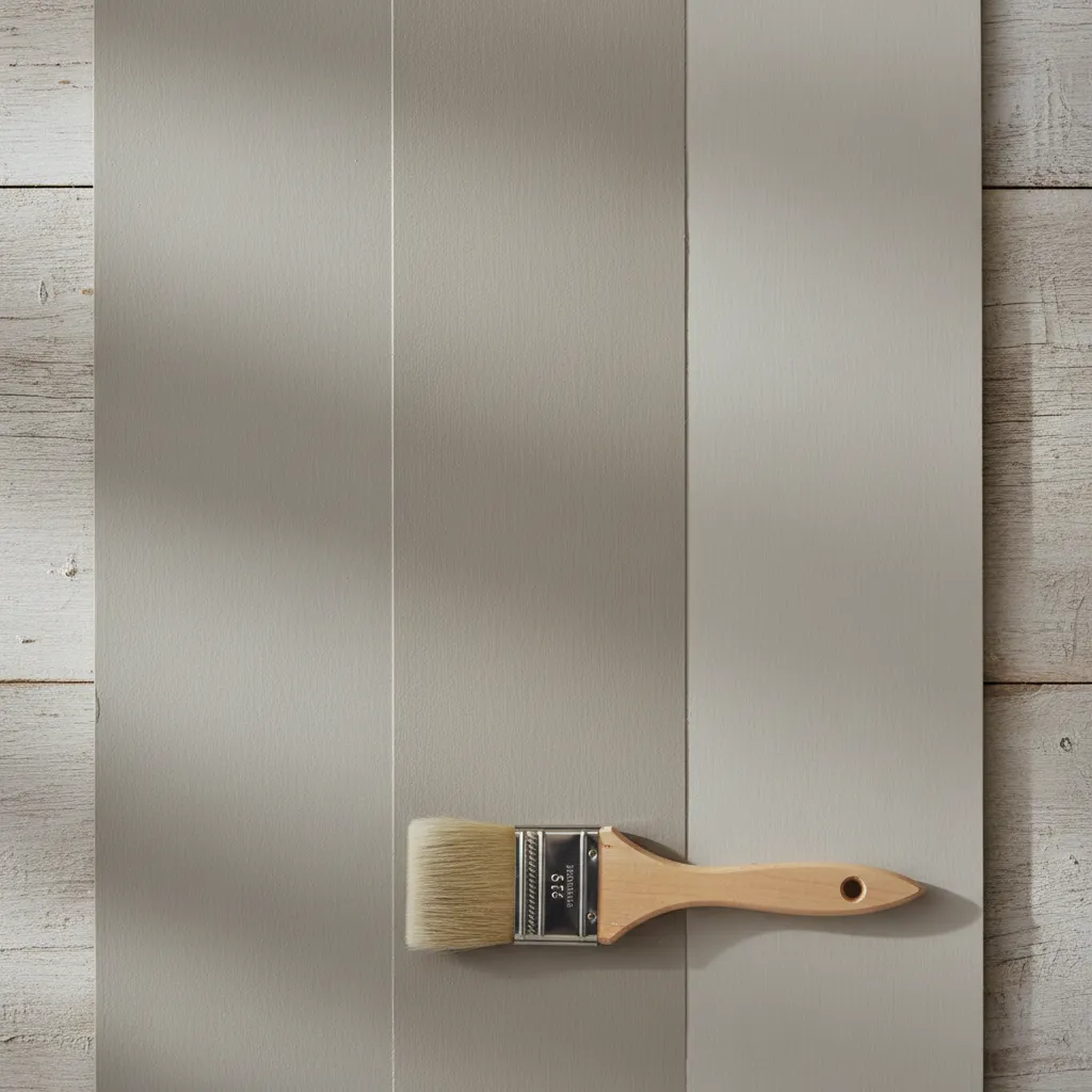 Comparaison des trois finitions de peinture mat, velours et satin sur un même mur en teinte greige