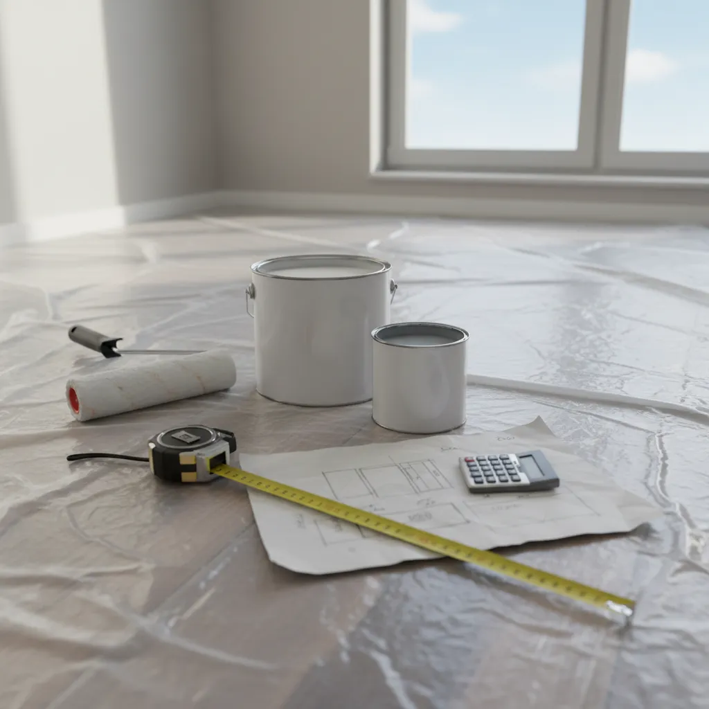 Préparation avant peinture d'une chambre adulte avec pots de peinture ouverts, rouleau, mètre ruban et calcul de surface sur papier
